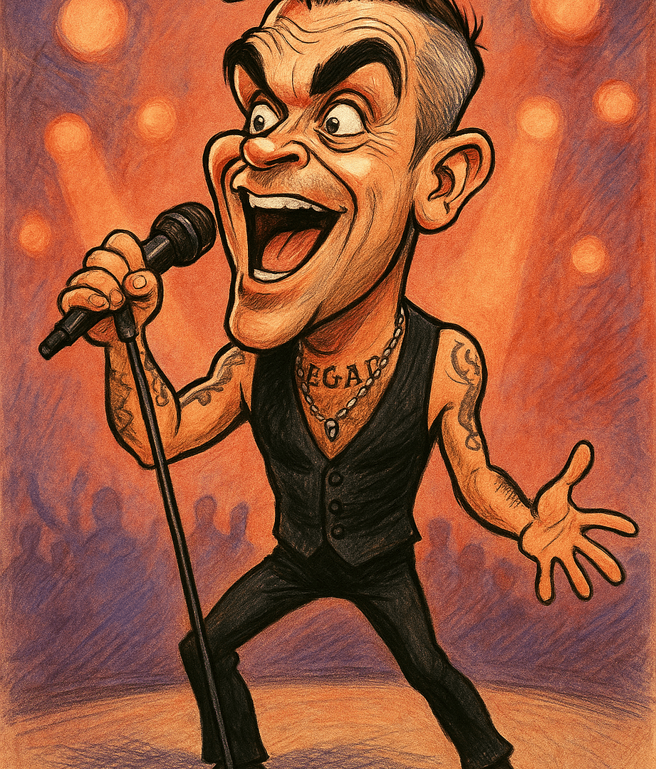 Caricature of Robbie Williams performing on stage